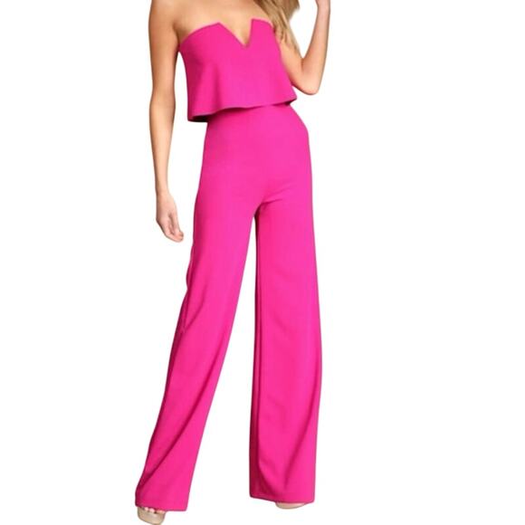 NWT Lulus Sz S Magenta Pink Strapless V Neck Wide Leg Jumpsuit Pageant Interview - Picture 1 of 8
